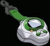 Henry: White with green strap, buttons, and circle