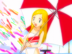 Zoe imagines herself in a race queen-themed swimsuit in Digimon Frontier