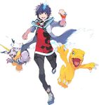 Agumon (right) and Gabumon (left) with Takuto (center).