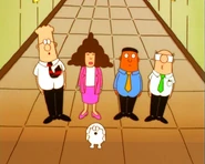 Alice with Dilbert, Wally, Asok, and Dogbert.