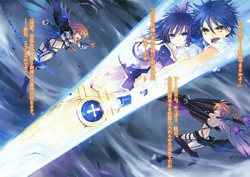 Shido and Tohka using Sandalphon to stop Kaguya and Yuzuru from fighting