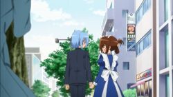 Hayate with an embarrassed Maria, with Ayumu spying on them