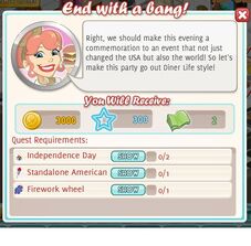 End With A Bang ~ Reward 3,000 coins, 300 xp, 2 cash Purchase 0/2 Independence Day Firework Box Purchase 0/1 Standalone American Fireworks Purchase 0/1 Firework Wheel