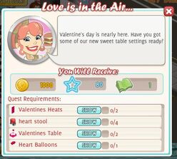 Love Is In The Air ~ Reward 1,000 coins, 80 xp, 1 cash Purchase 0/2 Valentines Hearts Purple - wallpaper Purchase 0/4 Heart Stool Purchase 0/2 Valentines Table Purchase 0/1 Heart Balloons