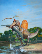 Artwork of Spinosaurus caught an Onchopristis
