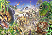 Artwork of prehistoric animals in The Lost World