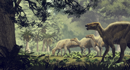 Artwork of an Edmontosaurus herd eats in a forest