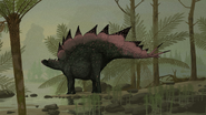 Illustration of Stegosaurus taking a drink