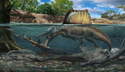 Illustration of Spinosaurus hunts Onchopristis.png