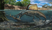 Illustration of Spinosaurus hunts Onchopristis