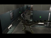 Regina is surrounded by Velociraptors at Lecture Room Hallway.