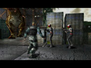 The T. rex is approaching Dylan and the helmet people.