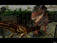 Giganotosaurus about to hit the T. rex in the head, before throwing it off the concrete floor.