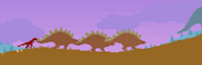 A herd of 3 Stegosaurus with the player behind them.