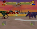 …crashes down at Triceratops' feet…