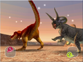 Tyrannosaurus using Tail Smash in English arcade gameplay (attacking Triceratops)