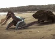 Beaky, chased by a crocodyloform.