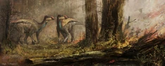 A pair of Iguanodons caught on a forest fire. Watching pterosaurs flying away