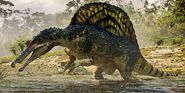 Spinosaurus wading in river in search for fish