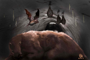 Artwork of Desmodus draculae in giant sloth burrow