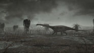 Magyarosaurus, like other sauropods, starved as plant life died off. (Scene from Planet Dinosaur)