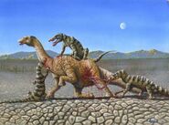 Uberabasuchus pack attacking an Uberabatitan.