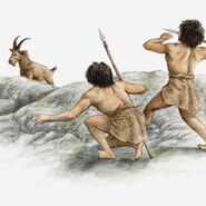 Two young Neanderthals hunting a wild goat.