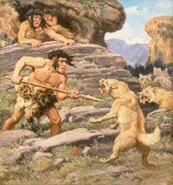 Neanderthal protecting his family from wolves.