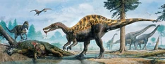 A  feasting on an iguanodontid; quite likely subadult iguanodon carcass. Meanwhile a  standing closeby.