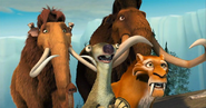 Ellie (with Crash and Eddie on her head), Sid, Manny and Diego in Ice Age 2: The Meltdown