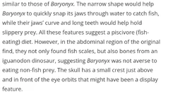 Another paragraph depicting Baryonyx; pointing out its generalist, opportunistic carnivorous behavior