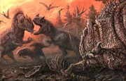 Ceratosaurus and Allosaurus fight over a carcass