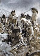 Neanderthals hunting a bear and rabbit.