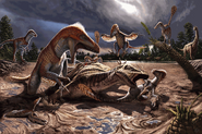 Illustration of Utahraptor family in quicksand