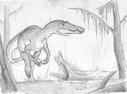 Baryonyx traveling through a swamp like environment with shallow water. Credit: mingott