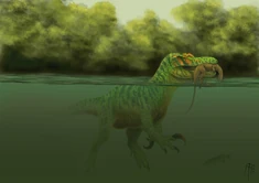 Baryonyx traversing throughout a deep waterway; or a river. Carrying a smaller dinosaur as prey