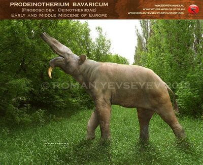 Deinotherium with offspring. Deinotherium was an enormous land mammal that  lived in Asia, Africa and Europe during the Miocene to Pleistocene Periods  Poster Print - Item # VARPSTCFR200653P - Posterazzi