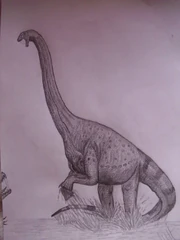 A drawing of Puertasaurus Reuli defending itself against an Orkoraptor