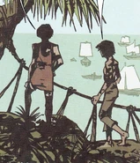 The young siblings watch the ships in the harbor.