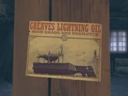 A poster for Greaves Lightning Oil at the Hound Pits Pub.