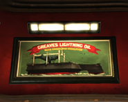 A plate advertising Greaves Lightning Oil, found in the Hound Pits Pub.