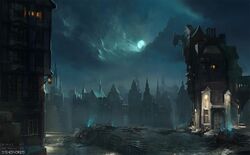 Pre-production art featuring Dunwall at night.