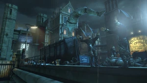 Oficiales de la Guardia arrojando cadáveres al río.