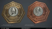 Yannick-gombart-coins-03.jpg (461 КБ) Золотая и медная монеты, 1838 г. На первой изображён профиль императрицы Джессамины Колдуин, на второй — профиль регента Хайрема Берроуза