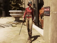 A female Elite Guard investigating an area with her sword out.