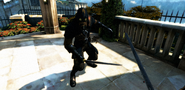 Corvo fights a Whaler at the gazebo.