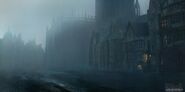 Pre-production artwork of a foggy Dunwall.