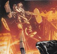 A member of the Roaring Boys utilizing tallboy stilts and shields, as depicted in the comics.