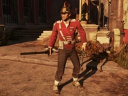 A male Veteran responding to an intruder with his sword and pistol