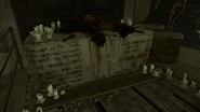 The corpse of a wolfhound used in a failed attempt to create a gravehound by a former witch in Death of the Outsider.